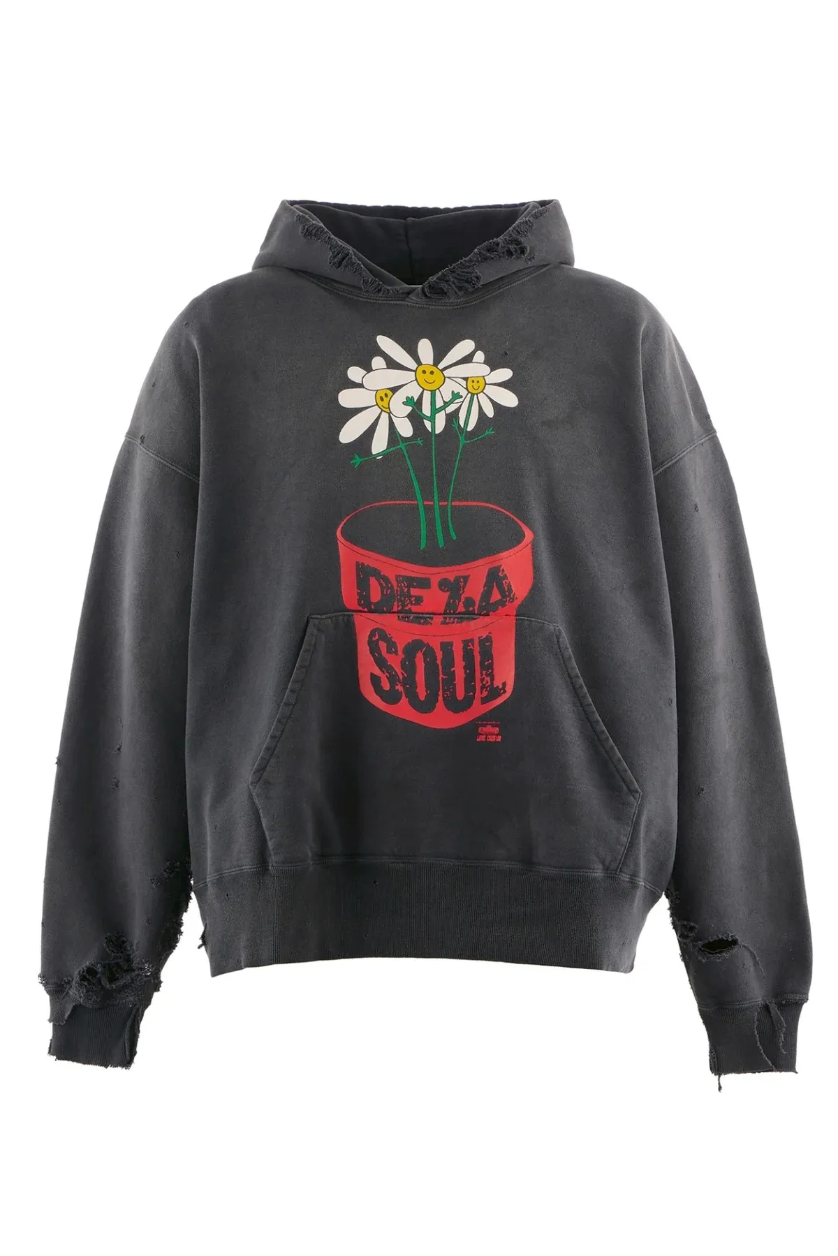 SAINT Mxxxxxx × DE LA SOUL DLS_HOODIE/DE LA SOUL/BLK DE LA SOUL co-branded potted plant destruction hoodie, washed black S-XL, a very important hoodie this season. It embodies the brand philosophy through the humorous potted plant and slogan design. In addition, through a large number of hand-made fraying, cutting and other damage processing, as well as heavy washing and oxidative fading treatment, a perfect Vintage effect is created. Original mold opening Customized co-branded main mark and wash water mark, correct version